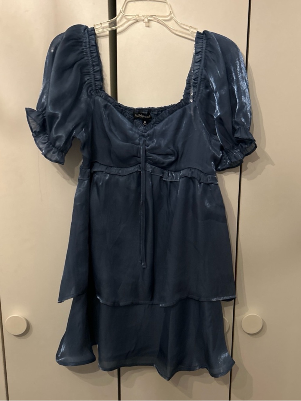 Satin-Look Navy Mini Dress with Puff Sleeves